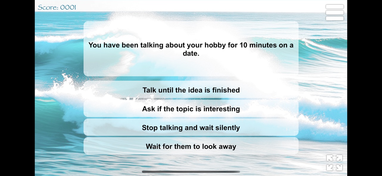 Spectrum Quiz: Social Skills app screenshot of a choice-based social scenario